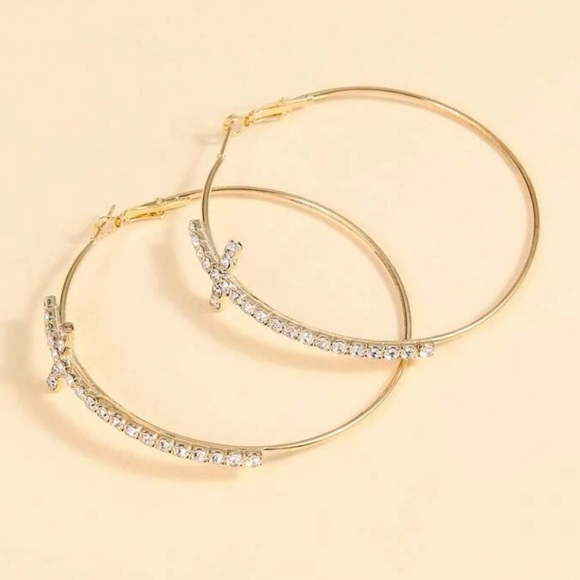 Cubic Zirconia Cross Hoop Earrings - Picture 3 of 6
